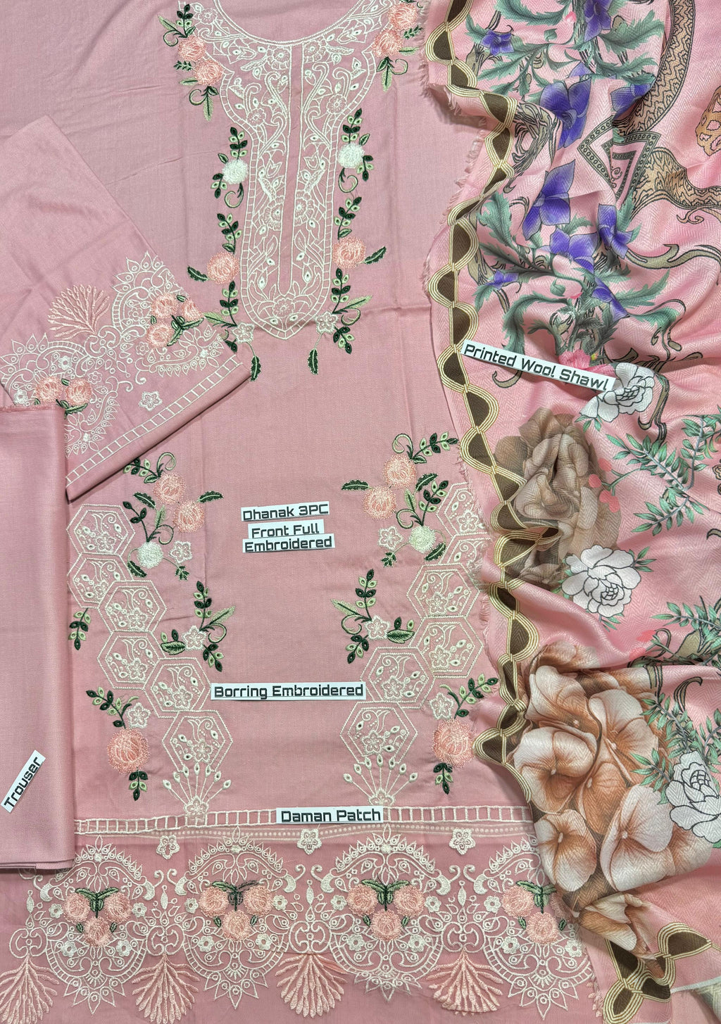 Zara Shahjahan Dhanak 3pc with Front fully Embroidered with Printed whool Shawl